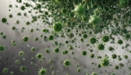 A swarm of tiny green virus particles moving through the air, viral, germ, disease