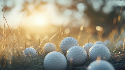 Golf balls on the golf course with clubs ready for the first short. In the morning, with the beautiful sunlight.Sports that people around the world play in the holidays