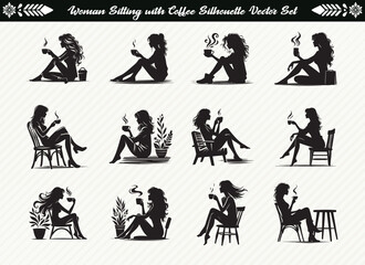Women Sitting with Coffee Silhouette Set Collection of Female Coffee Moments for Lifestyle and Relaxation Designs