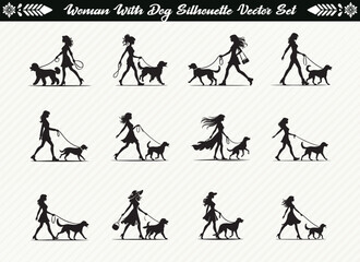 Women with Dog Silhouette Set Collection of Female and Dog Poses for Pet and Lifestyle Designs