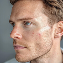 Fototapeta premium Man with mild rosacea on his cheeks, subtle skin redness in soft lighting
