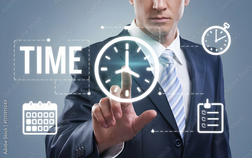 Poster time management concept: a businessman in a suit interacts with a digital time interface, emphasizin