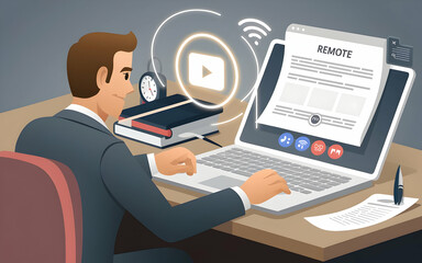 Remote Work, Online Meeting, Video Conference: A businessman working on a laptop during an online meeting. The illustration shows a man in a suit sitting at his desk, looking at the laptop screen.