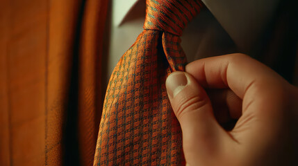 Adjusting vibrant orange tie with checkered pattern, showcasing attention to detail and style. warm tones create sophisticated atmosphere