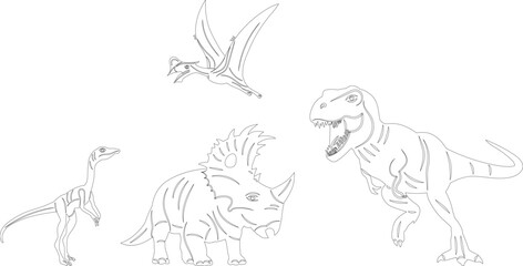 dinosaurs of different breeds, outline, sketch, vector