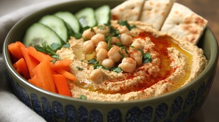 Delicious Hummus Bowl with Fresh Vegetables and Pita Bread
