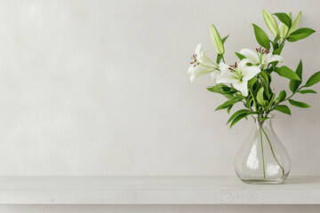 Fresh white lilies in modern glass vase on minimalist shelf, adding elegance to any space. simplicity of design enhances beauty of flowers
