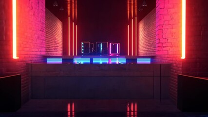 Futuristic Neon Bar Interior with Vibrant Lighting and Stylish Managerial Counter - Powered by Adobe