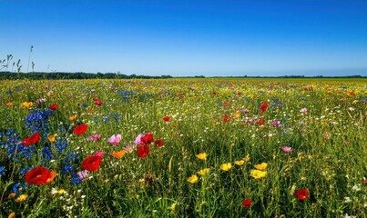 Fototapeta premium A vibrant field of wildflowers under a clear blue sky.