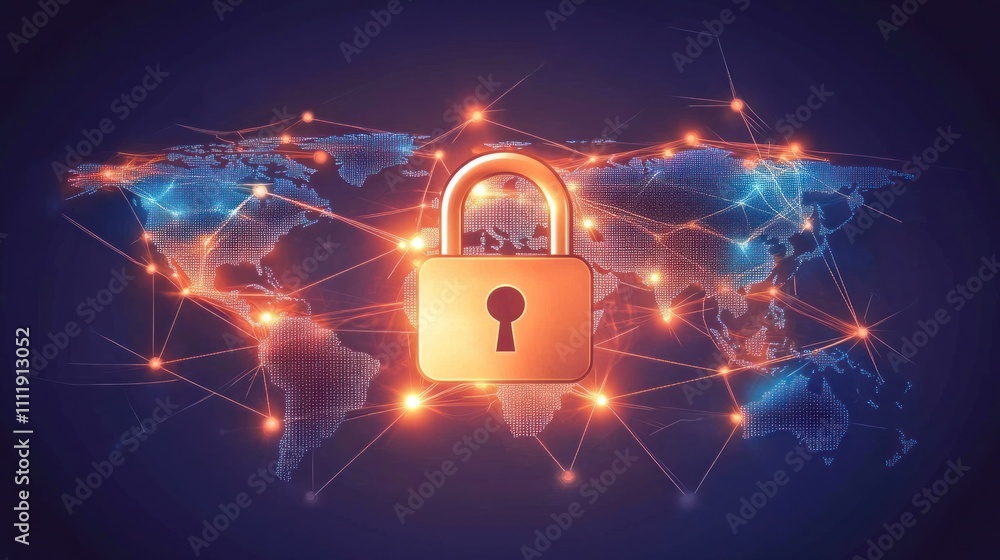Aufkleber global network with a padlock symbolizing cybersecurity