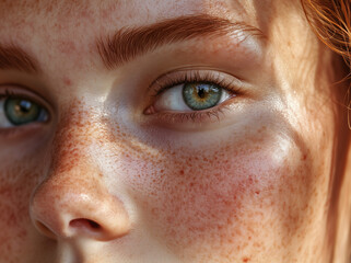 Fototapeta premium Detailed close-up image of a woman’s face showing redness, pustules, and skin irritation on one cheek, with the other side perfectly smooth