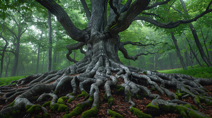 Misty Enchanted Forest Scene with Majestic Old Tree and Mossy Roots
