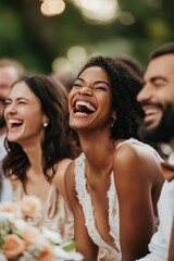 Obraz premium Joyful wedding guests laugh heartily outdoors.