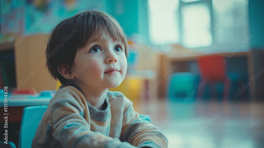 Poster child in classroom setting, symbolizing curiosity and cognitive development.