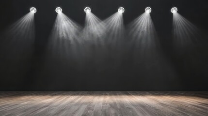 Dramatic Stage Lighting  Empty Wooden Stage  Spotlights  Smoke  Dark Room  Retro Theater