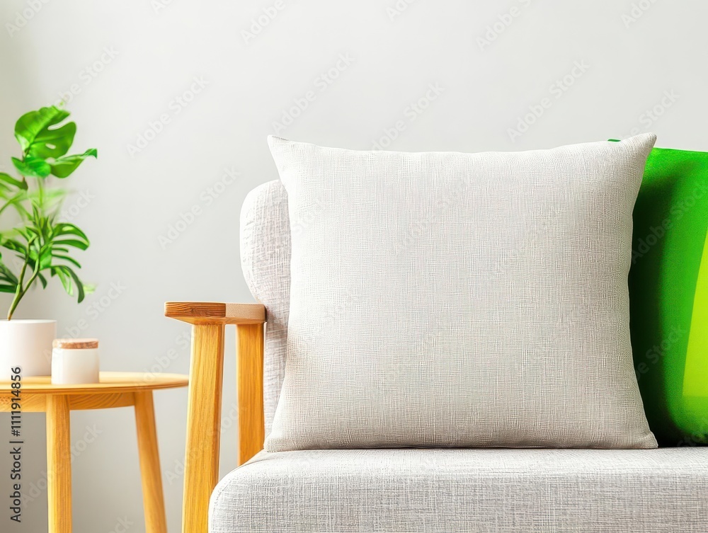 Poster a closeup of a textured linen cushion on a minimalist couch in a bright living room front view cozy 