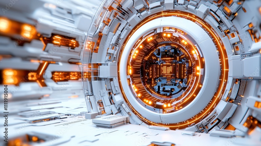 Poster innovative circuit board design futuristic lab digital art high-tech environment circular viewpoint 