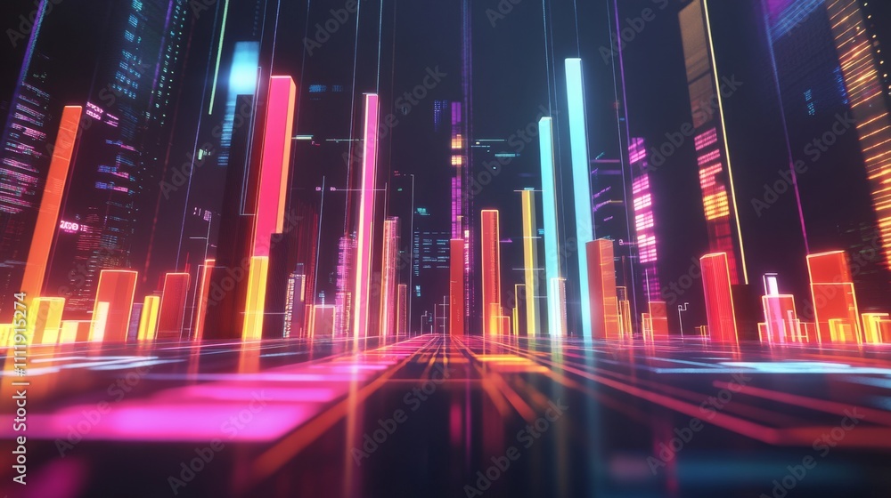 Aufkleber Colorful Neon Cityscape with Abstract Data Visualization Elements