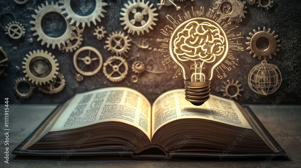 Poster open book with brain-shaped light bulb and gears symbolizes memory enhancement and knowledge.