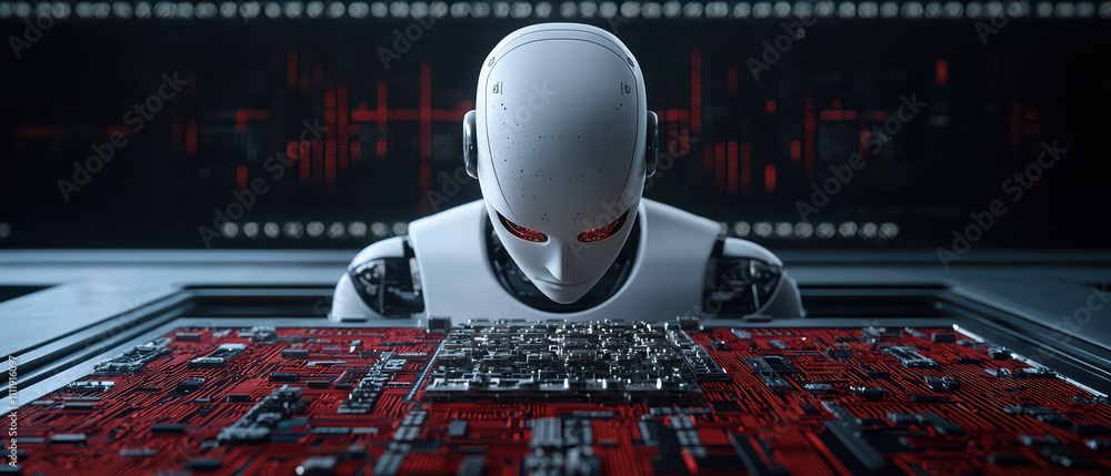 Aufkleber robot with human like precision focuses on assembling intricate circuits in high tech environment, s