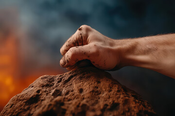 rugged hand gripping rock during climb, showcasing determination and strength. background features dramatic, smoky atmosphere, enhancing adventurous spirit