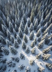 Snow covered fir tree forest landscape from aerial view, northern wilderness, arctic winter scenery