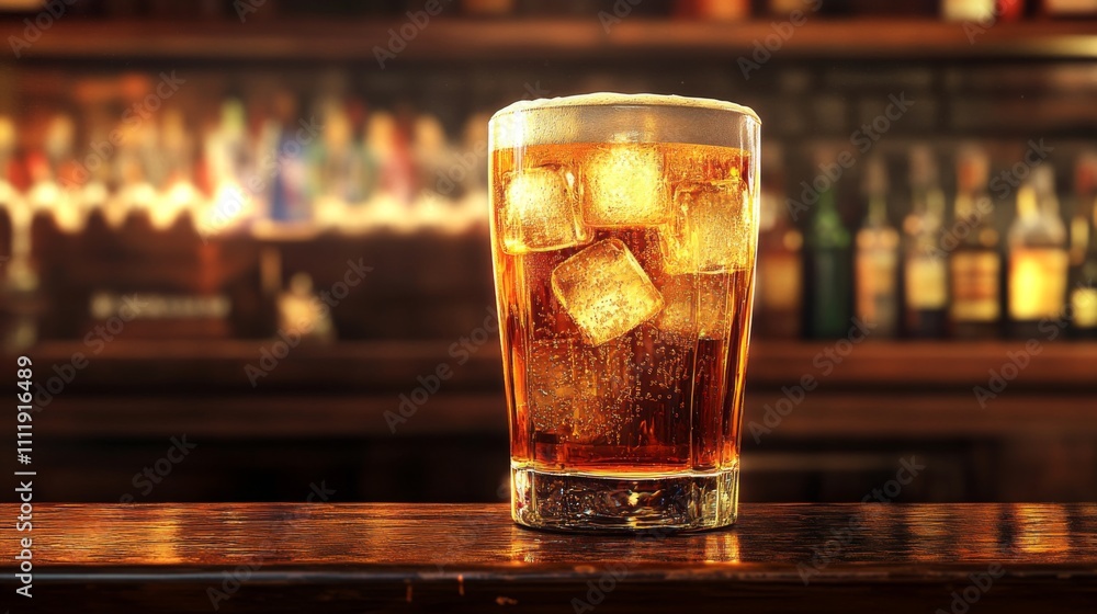 Poster refreshing glass of cold soft drink with ice on bar counter