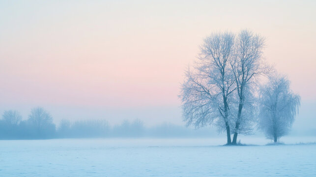 Winter dawn's gentle grey-pink to blue gradient over a calm landscape captivates