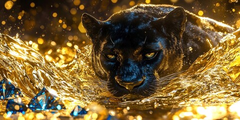Black panther is swimming in a pool of gold