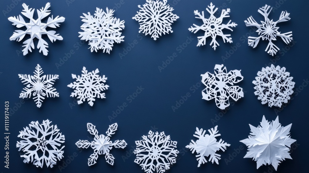 Poster delicate white paper snowflakes displayed on a blue background, offering blank spaces for creative m