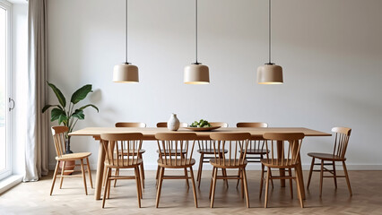 Modern Scandinavian Dining Area with Simple Chairs and Wooden Table