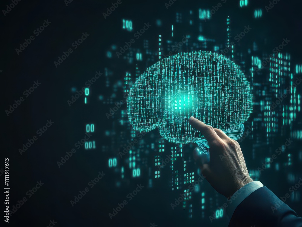Poster A corporate leader touching a pulsating digital brain, surrounded by floating binary code, hyperrealistic, dark gradient background, glowing cyan effects