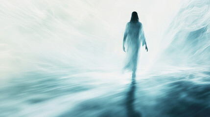 Ethereal portrayal of Jesus walking on water with blurred edges and soft lighting
