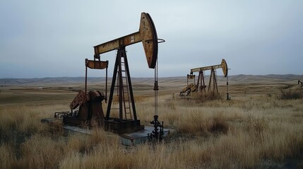Oil pumps in a desolate landscape, showcasing industrial extraction.