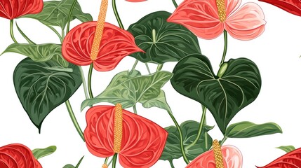 Obraz premium Seamless pattern of red and pink anthurium flowers and green leaves on white background.