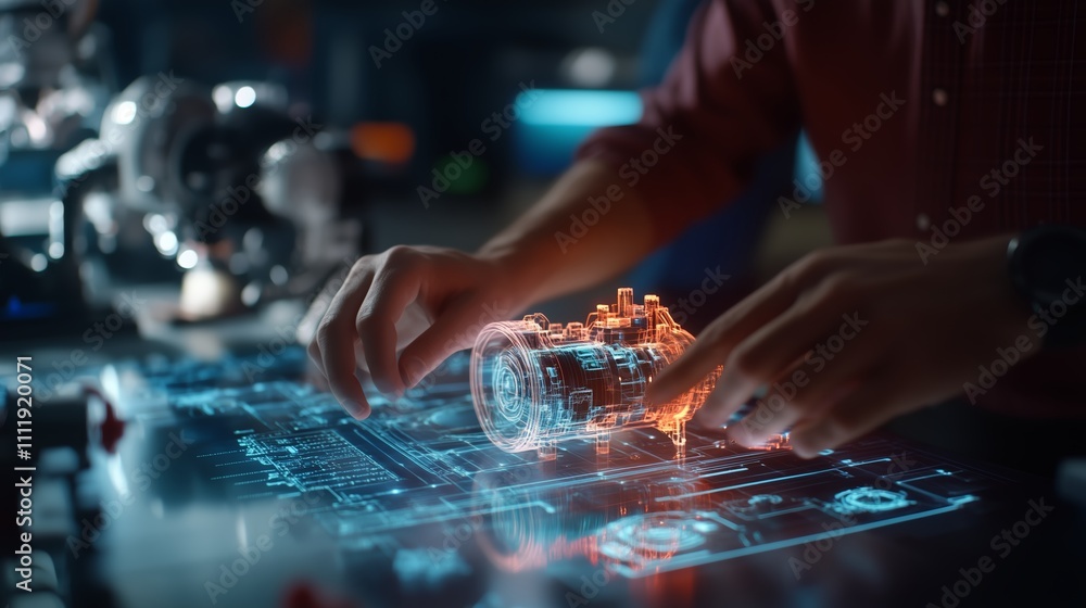 Poster hands engage with a holographic model of a machine while analyzing technical schematics in a futuris