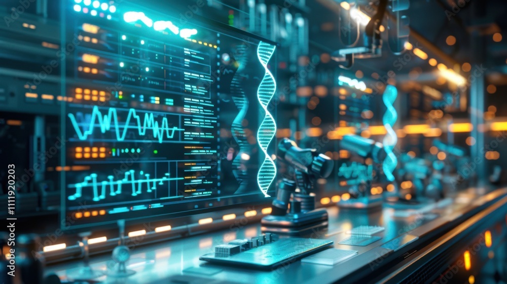 Poster high-tech genomic research lab with illuminated dna models, futuristic sequencing machines, and a di