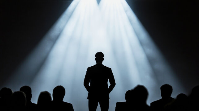 Minimalistic silhouette of a businessman speaking at a leadership conference with elegant lighting