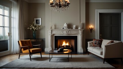 a living room with a couch, chair and fire place in the center of the room there is a rug on the floor