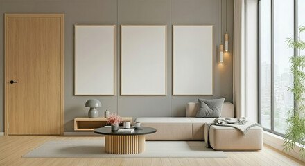 Modern living room with three-piece mockup with empty poster frame for design