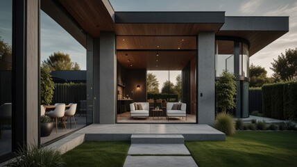 A picture of a modern luxury house and garden