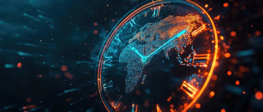 Dynamic clock with holographic time zones and market data, timing strategy, aligning with global opportunities