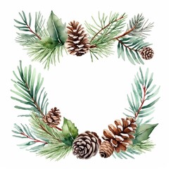 Fototapeta premium Watercolor christmas frame with fir branches, pine cone, cotton, leaves isolated on white background. Botanical winter greenery holiday illustration for wedding invitation card design