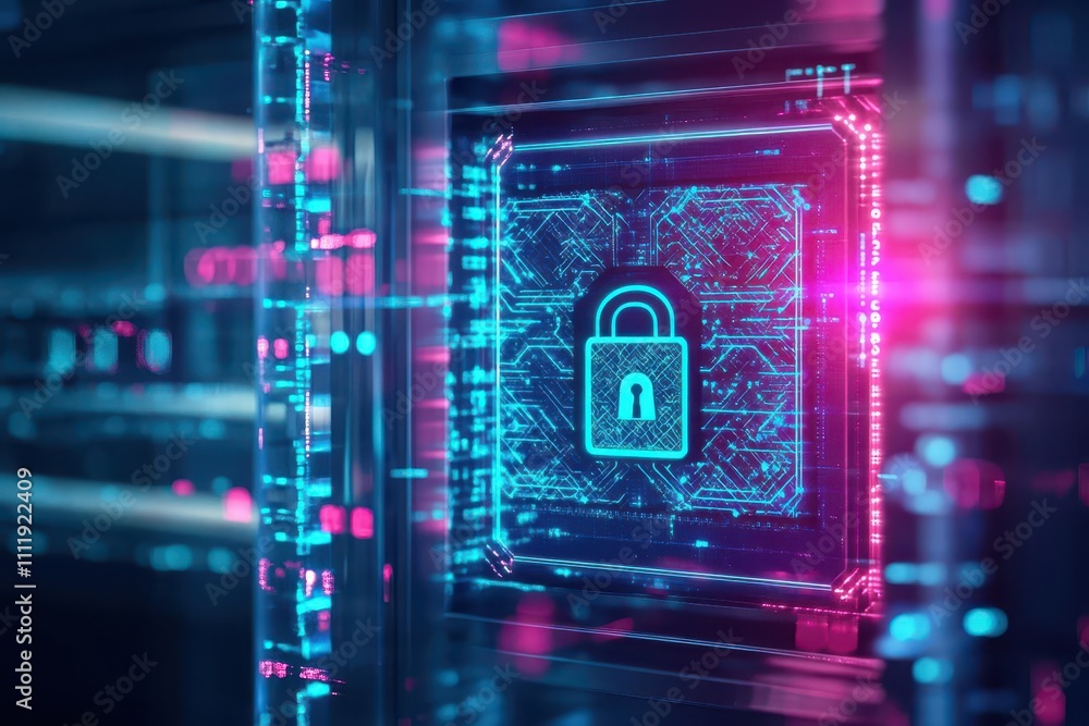 Poster A digital vault with blockchain patterns and padlocks glowing in holographic style front view showcasing secure transactions futuristic tone Vivid