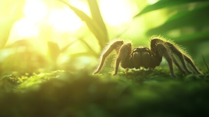 Close-Up of a Furry Spider in a Lush Green Environment with Warm Sunlight Filtering Through Leaves