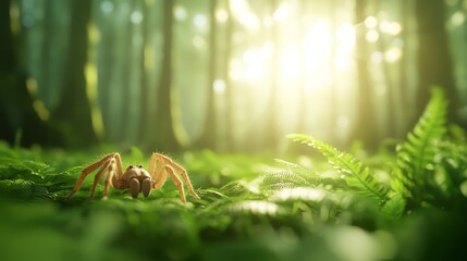 Obraz premium Realistic Spider Crawling on Lush Green Ferns in a Sunlit Forest Environment with Soft Background Lighting Effects