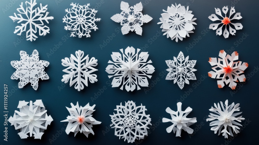 Aufkleber Unique handcrafted paper snowflakes display various designs, providing blank spaces for adding personal messages during winter celebrations. Generative AI