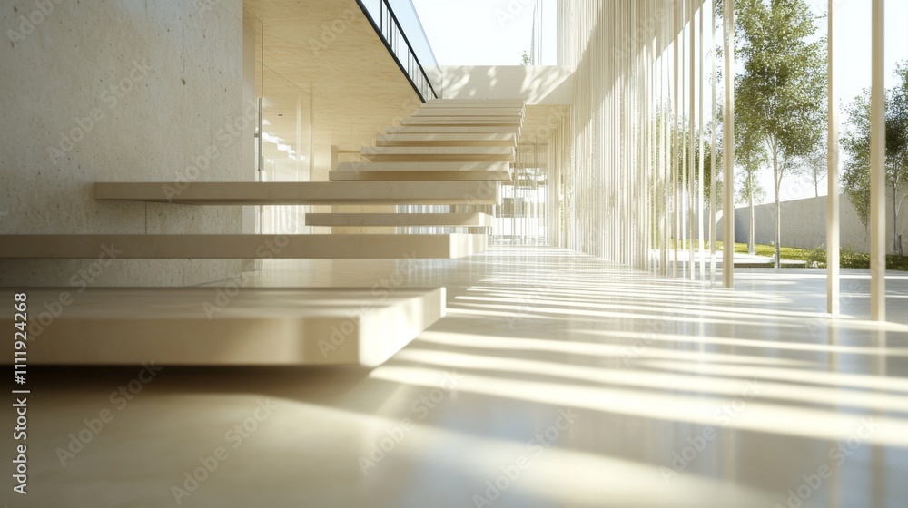 Aufkleber modern architectural design with floating staircase and sunlight