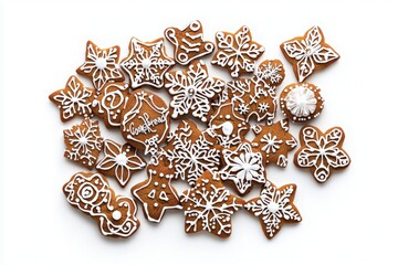 A collection of beautifully decorated gingerbread cookies features various festive shapes, including snowflakes and stars. Intricate white icing designs add a charming touch to these seasonal treats.