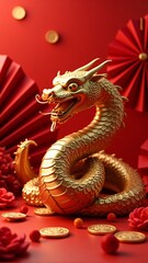 Fototapeta premium Chinese New Year 2025, a golden snake sculpture is surrounded by red fans and coins, reflecting celebration and tradition with oriental design elements in a festive color scheme.